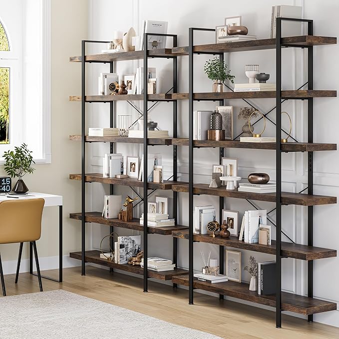 Bookshelf Set of 2, Heavy Duty 6-Tier Industrial Bookcase, 47" Wide Wood Bookshelf for Home Office, 120lbs Shelf Capacity, Rustic Open Display with Horizontal Shelf for Living Room Bedroom
