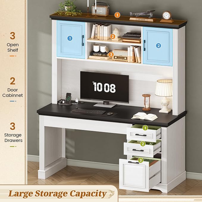 SEDETA Farmhouse Computer Desk with Hutch and 3 Drawers, 47.2" Executive Office Desk with Storage Drawers, Wood Desk with Power Outlet for Home Office, White