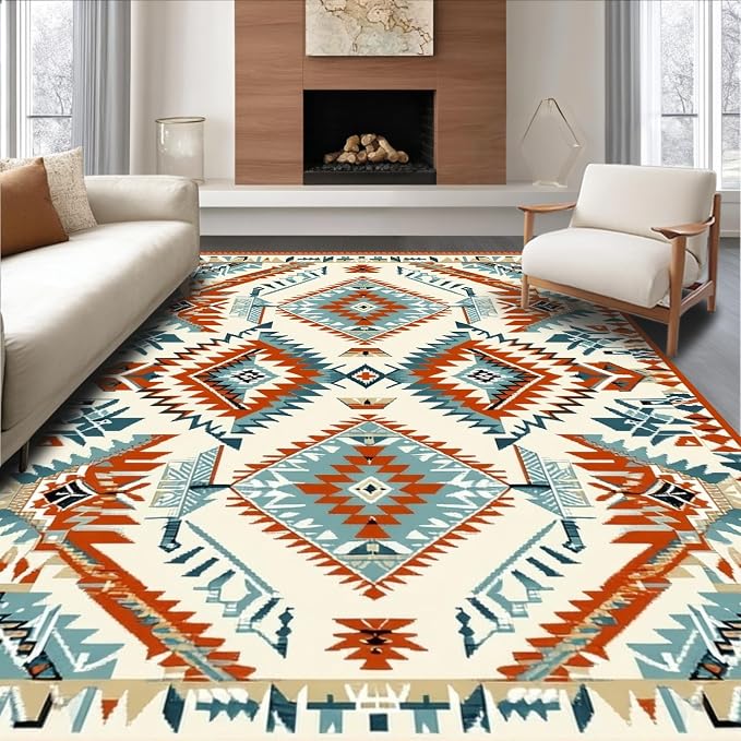 9'x12' Washable High Traffic Area Rug, Southwestern Geo, Flatwoven Area Rugs for Living Room, Bedroom (Beige,9x12)