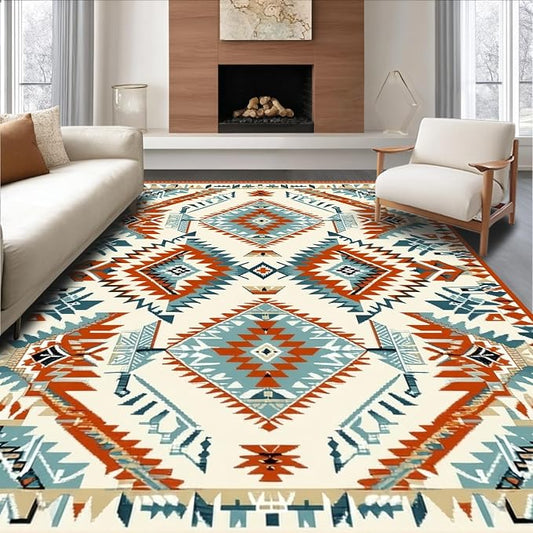 9'x12' Washable High Traffic Area Rug, Southwestern Geo, Flatwoven Area Rugs for Living Room, Bedroom (Beige,9x12)