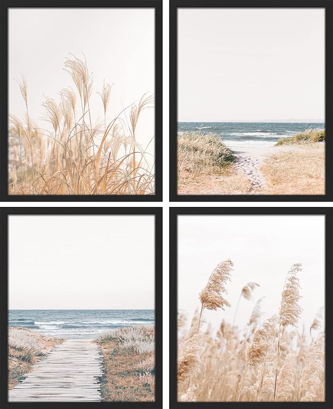 SIGNWIN Framed White Pampas Grass Beach Ocean Shore Horizon Wall Art, Set of 4 Landscape Colorful Wall Decor Prints, Nature Wilderness Wall Décor for Living Room, Bedroom - 12"x16" Black