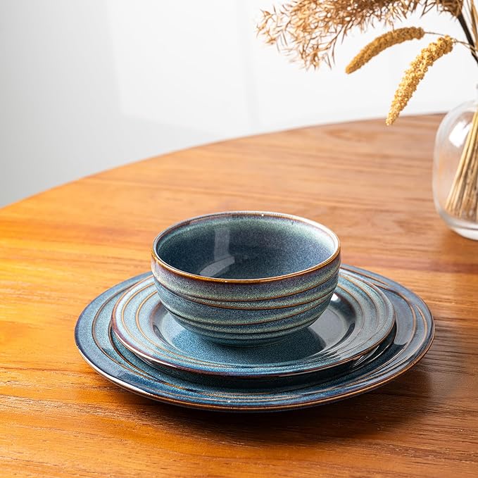 GBHOME Ceramic Dinnerware Sets,12 pcs Embossed Elegant Stoneware Plates and Bowls Sets, Housewarming Wedding Gift | Dishwasher & Microwave Safe | Dishes Set Service for 4