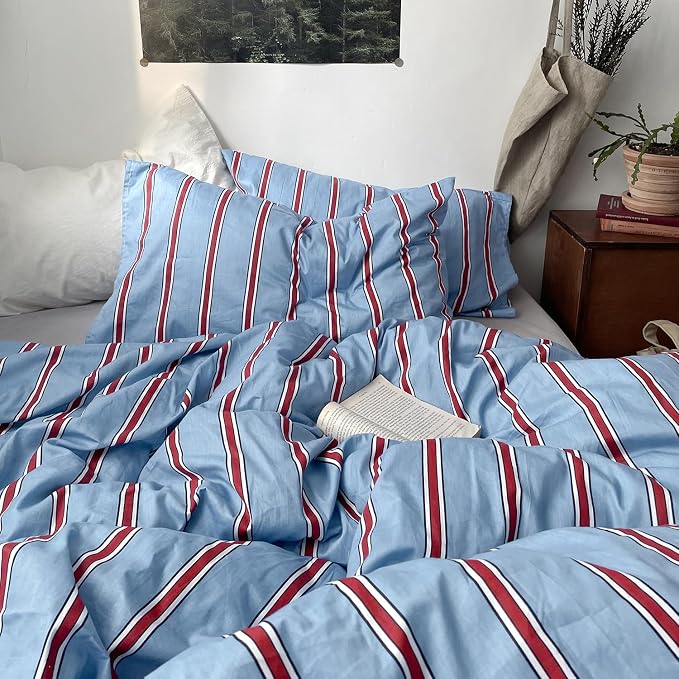 mixinni Vintage Striped Blue Duvet Cover King - 100% Cotton Red Stripes 3-Piece Bedding Duvet Cover Set with Zipper Closure, Soft & Breathable Retro Design for All Seasons (King Size)