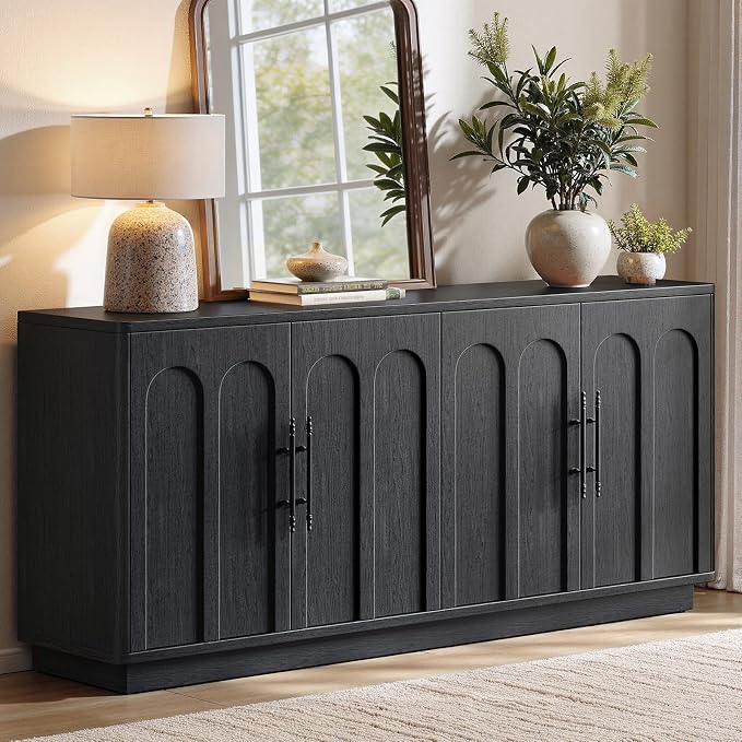 Evermagin 67" Arched Black Buffet Cabinet with Storage, Large Credenza with 4 Doors, Wood Mid Century Modern Sideboard for Kitchen and Living Room (67"*31.5"*15.7")