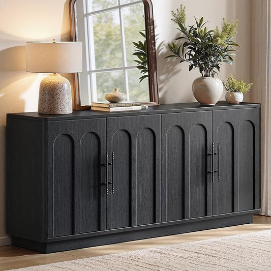 Evermagin 67" Arched Black Buffet Cabinet with Storage, Large Credenza with 4 Doors, Wood Mid Century Modern Sideboard for Kitchen and Living Room (67"*31.5"*15.7")