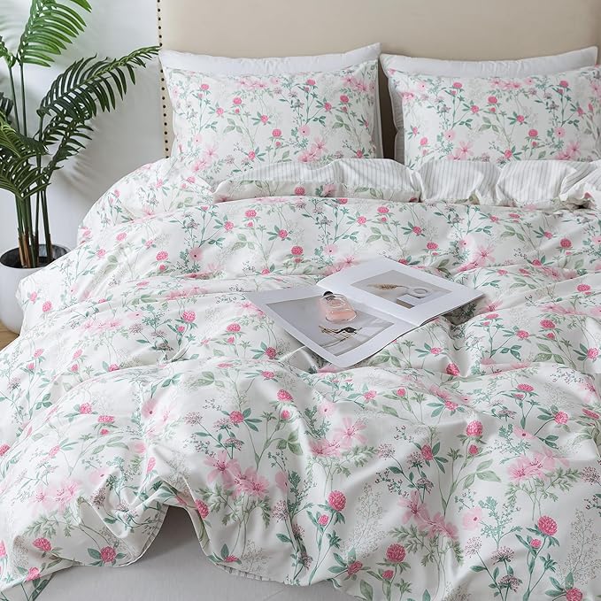 HoneiLife Cotton Duvet Cover King - Botanical Comforter Cover, 3-PC Bedlinen for Set with Zipper Closure & Corner Ties, Sweat-Absorption Comforter Cover Sets, Fuchsia‌