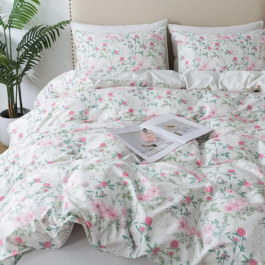 HoneiLife Cotton Duvet Cover King - Botanical Comforter Cover, 3-PC Bedlinen for Set with Zipper Closure & Corner Ties, Sweat-Absorption Comforter Cover Sets, Fuchsia‌