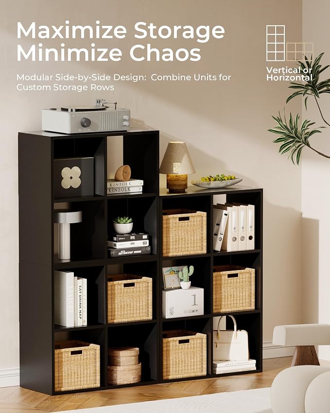 GTPLAYER 9-Cube Storage Organizer, Fits 11" Bins, Vertical or Horizontal Use, Opening Bookshelf, Partial Back Panels, Stackable Design Bookcase, for Living Room, Media Console, Hallway, Black