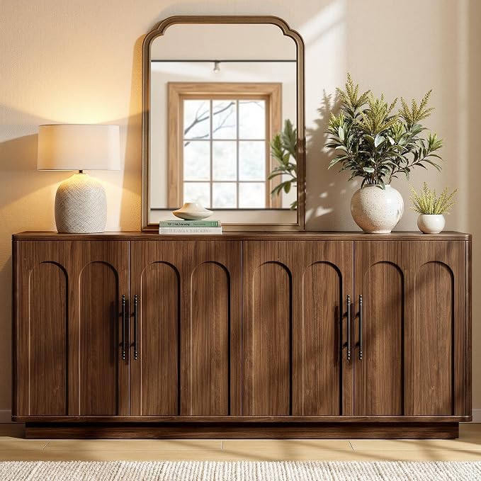 Evermagin 67" Arched Walnut Buffet Cabinet with Storage, Large Credenza with 4 Doors, Wood Mid Century Modern Sideboard for Kitchen and Living Room (67"*31.5"*15.7")