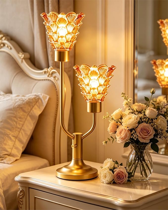 Lightdot Vintage Gold Table Lamp for Bedroom Dimmable Mid Century Modern Desk Lamp Amber Glass Nightstand Lamp 2 Bulbs Included Warmwhite Ambient Bedside Lamps for Living Room Home Office Decor Gift