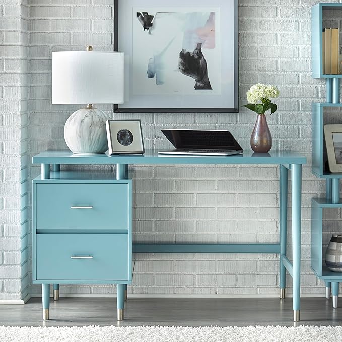 Margo 50" Wide Mid-Century Modern Wood Desk with Drawers, Stylish Elevated Top Design, Solid Pine Wood Tapered Legs, Computer Desk for Home Office & Study, Blue