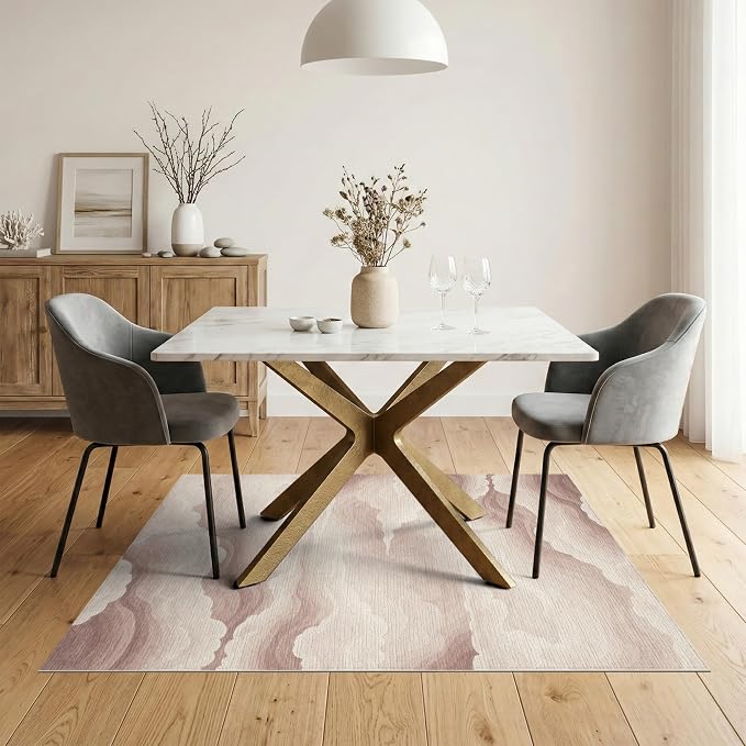 5'x7' Washable Modern Cloud Area Rug, Beige Flatwoven Floor Covering for Dining Room, Under Table, Home Office, Non-Slip Chair-Friendly Carpet | Ref:2208258