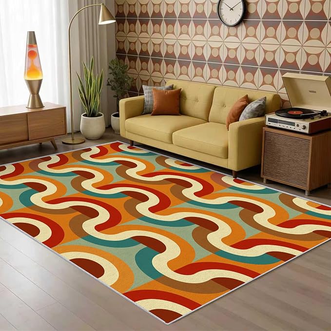 70s Retro Rug 6x8 Checkboard Striped Groovy Pop Pattern Area Rugs for Living Room, Bedroom, 70s Retro Home Decor Accessories Indoor Carpet, Non Slip & Machine Washable, GD0358