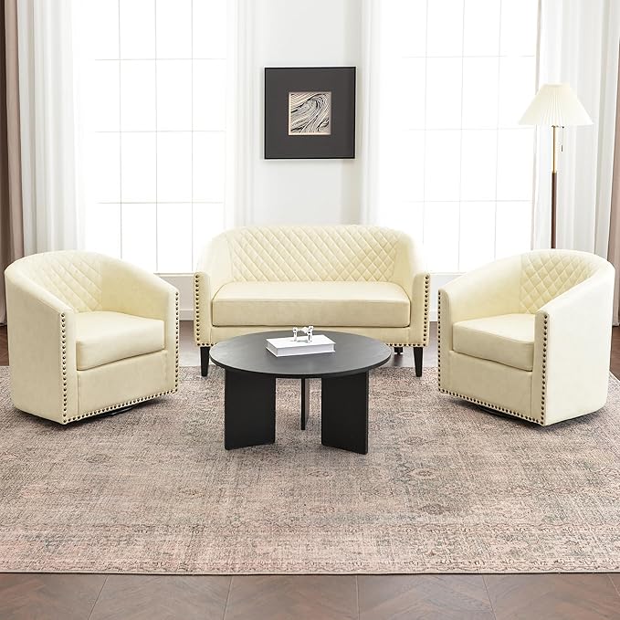 KINWELL 29" Wide Tufted Faux Leather Swivel Barrel Chair Set of 2, PU Leather Modern Upholstered Accent Chairs with Nailhead Trim, Small Armchair for Living Room Bedroom, Cream