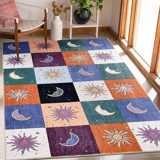 Boho Sun and Moon Washable Rug Ultra Thin, Vintage Mystical Celestial Checkerboard 6x9 Area Rug for Dining Living Room Entryway Dorm, Hippie Retro Aesthetic Cute Trendy Indie Bedroom Accent Carpet
