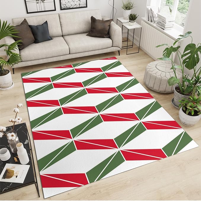 4x6 Area Rug Retro Mid-Century Geometric Soft Washable Carpet, Red and Blue Stereoscopic Hexagon Upholstery Rug with Non-Slip Backing for Kids Boys Girls Bedroom Living Room