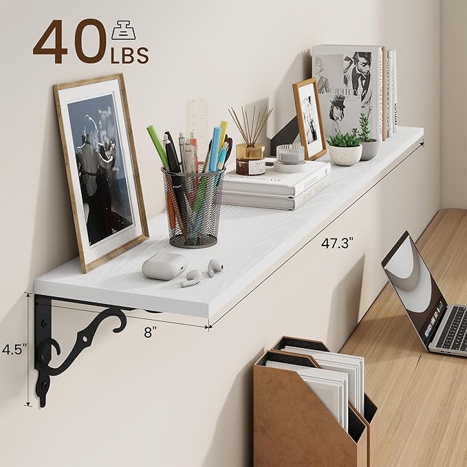 RICHFOCUS Floating Shelves for Wall Decor, 47.3W x 8D Shelves Set of 2, 8 Inch Deep Rustic Wood Shelves Wall Mounted with Brackets, Long Floating Shelves for Living Room Bedroom Kitchen, White