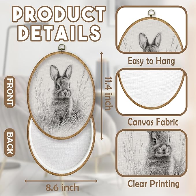 CGBHW Easter Bunny Oval Wall Art Decor, Rustic Farmhouse Bunny Canvas Prints Framed, Neutral Cottagecore Easter Sketch Rabbit Wall Art Hanging Decor for Home Kitchen Bedroom Living Room, 8.6x11.4 Inch