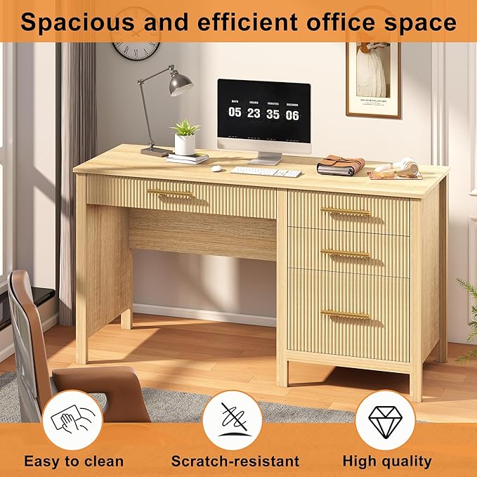 Executive Desk with Drawers: 54" Oak Desk with File Cabinet, Home Office Desks with Storage, Modern Desks with File Drawer, Fluted Wood Computer Table (54")