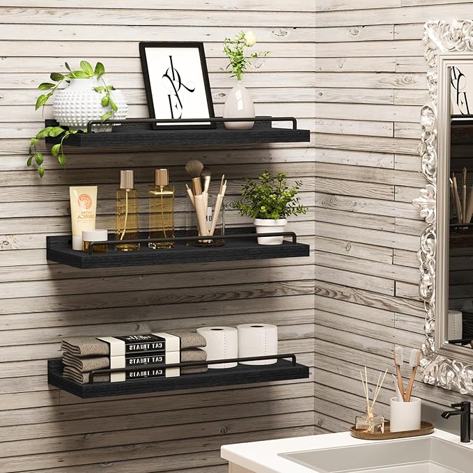 Floating Shelves for Wall Decor Bathroom Shelves Over Toilet, Farmhouse Wall Shelves for Living Room, Bedroom, Picture Frames, Plants, Kitchen (Black, Set of 3)