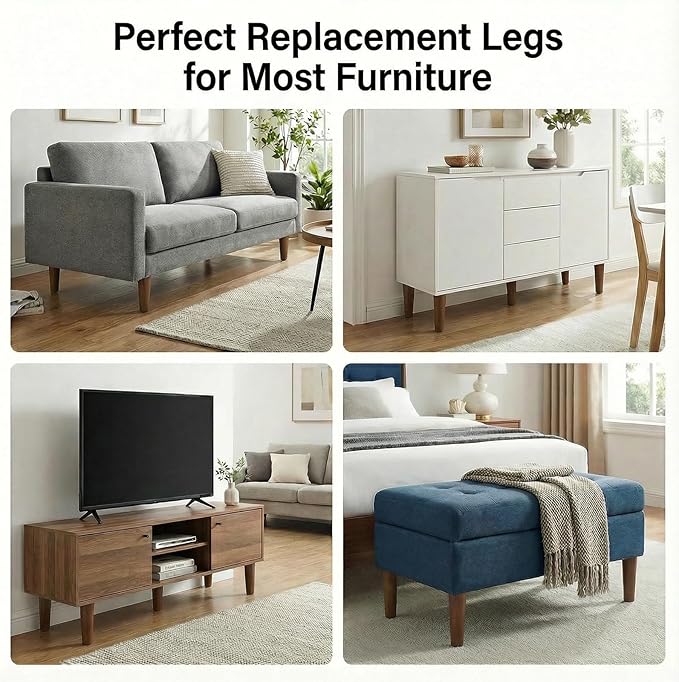 6 Inches Round Solid Wood Furniture Legs Set of 4, Brown Wooden Replacement Feet with Threaded 5/16'' Hanger Bolts for Sofa, Couch, Armchair, Cabinet, TV Stand, Ottoman and Dresser