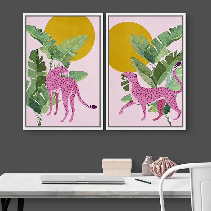 IDEA4WALL Framed Canvas Print Wall Art Set Tropical Jungle Banana Leaf Pink Cheetah Cat Nature Wilderness Digital Art Modern Art Decorative Animal for Living Room, Bedroom, Office - 16"x24"x2 White