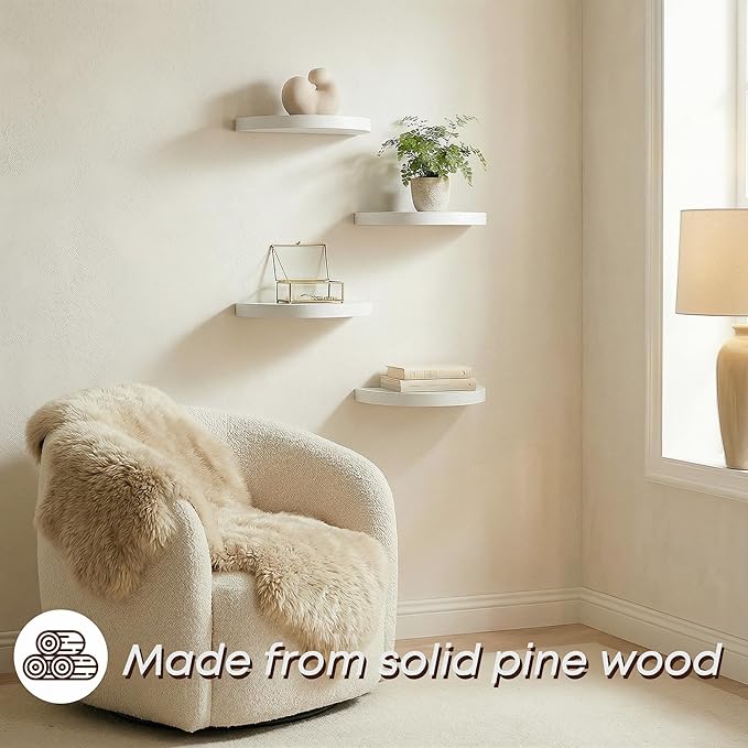 Small Wood Floating Shelves (2-Pack, 6-inch Diameter) - Round Sturdy Invisible Wall Mount Display for Small Plants,Toys,Bathroom,Living Room Storage & Modern Rustic Décor (White)