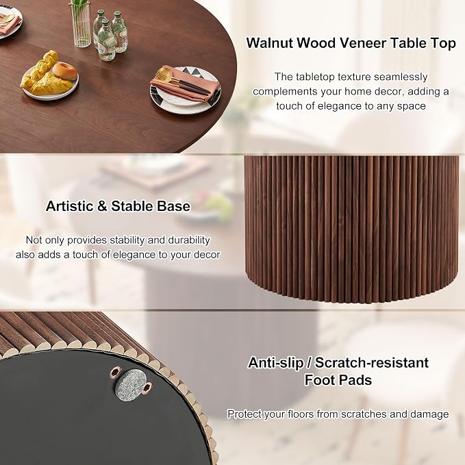 Dining Table Set for 4, 47" Wooden Round Kitchen Table with Linen Fabric Chairs for Kitchen Room and Small Spaces(Walnut Table + 4 Black Chairs)