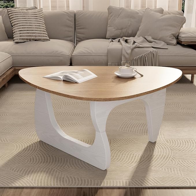 Modern Wood Coffee Table, Triangle Center Table with Premium Wooden Top& Unique Base, 35.5” Small Mid Century Tea Tables for Living Room, Apartment, Office,Natural Wood &White