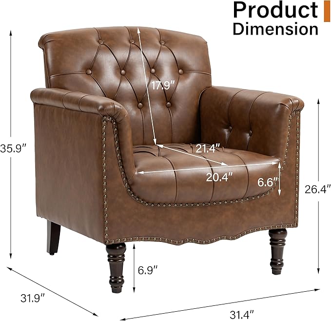 Faux Leather Club Chairs Set of 2, Retro Upholstered Armchair Accent Chair with Solid Wood Legs & Nailhead Trim for Living Room/Reading Room, Brown