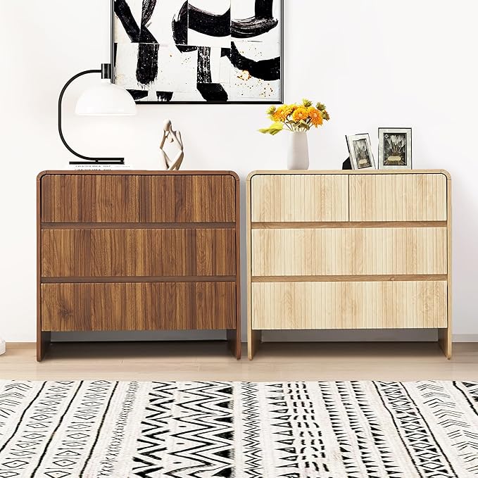 Fluted 3 Drawer Dresser for Bedroom,Mid Century Modern Wide Chest of Drawer,Curved Edge Wood Closet Dresser Nightstand for Bedroom Living Room Hallways (Walnut, Wide 3 Drawer)