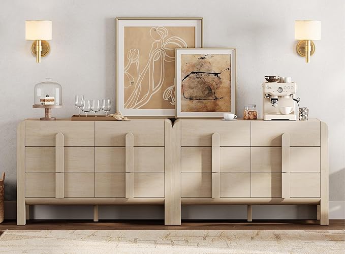 WAMPAT 94.4" W Buffet Cabinet with 12 Drawers, Modern Sideboard Buffet Cabinet with Storage, Buffet Table Coffee Bar Wine Bar Storage Cabinet for Dining Room, Living Room, Hallway, Light Oak