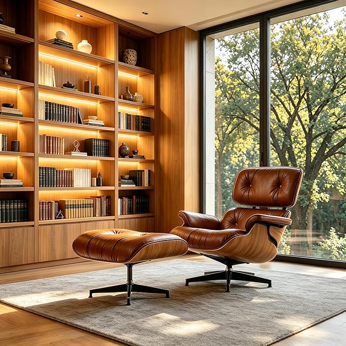 Mid Century Chaise Lounge Chair with Ottoman, Modern Retro Classic Design, PU Leather & Walnut Wood, Heavy Duty Metal Support, Comfortable for Living Room Bedroom Office（Brown-Premium）