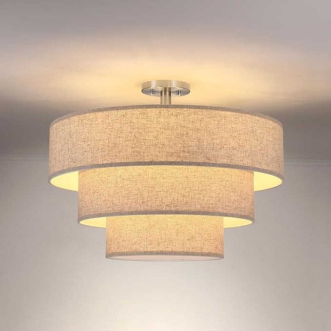 Doraimi Lighting 3 Tier Milky Apricot Linen Drum Fabric Semi Flush Mount Light Modern Farmhouse Decor 7 Light 24 Inch Brushed Nickel Finish for Kitchen Living Room Dining Room Corridor Hallway