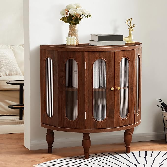 XUZENEST 31'' Sideboard Buffer Cabinet with Storage, Semi-Circle Modern Accent Storage Cabinet with Wooden Finish & Acrylic Doors, Console Table for Living Room Entryway Hallway (Walnut)