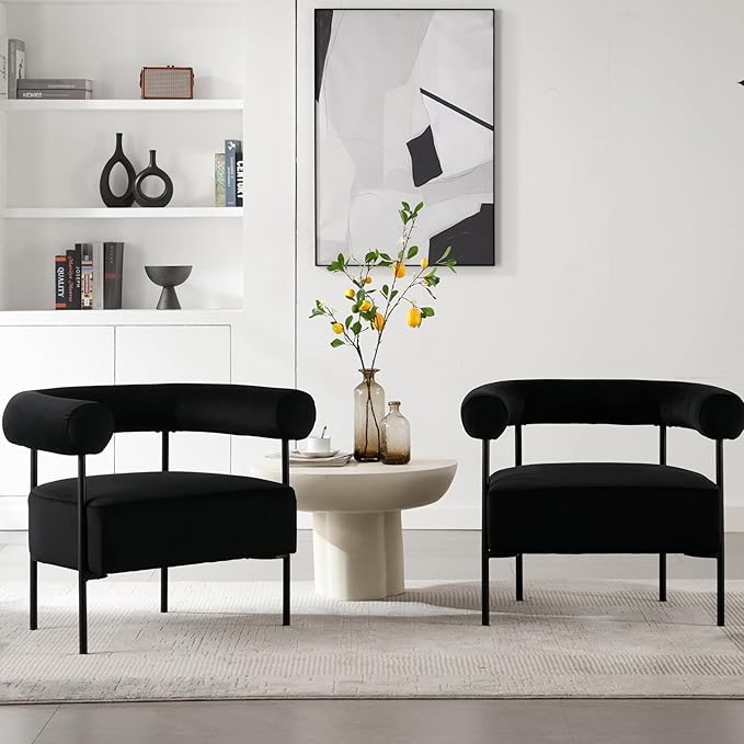 Modern Accent Chairs Set of 2 with Curved Back, Black Small Velvet Barrel Vanity Chairs Armchairs with Metal Legs & Upholstered for Living Room, Makeup Room