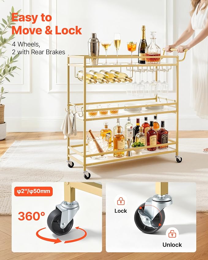 VEVOR Bar Cart, 3 Tiers Home Kitchen Serving Carts, Modern Rolling Utility Station on Wheels, Mobile Drink Beverage Trolley with Wooden Shelf, Wine Rack, and Glass Holder, 35.83x12.99x36.81 in, Gold