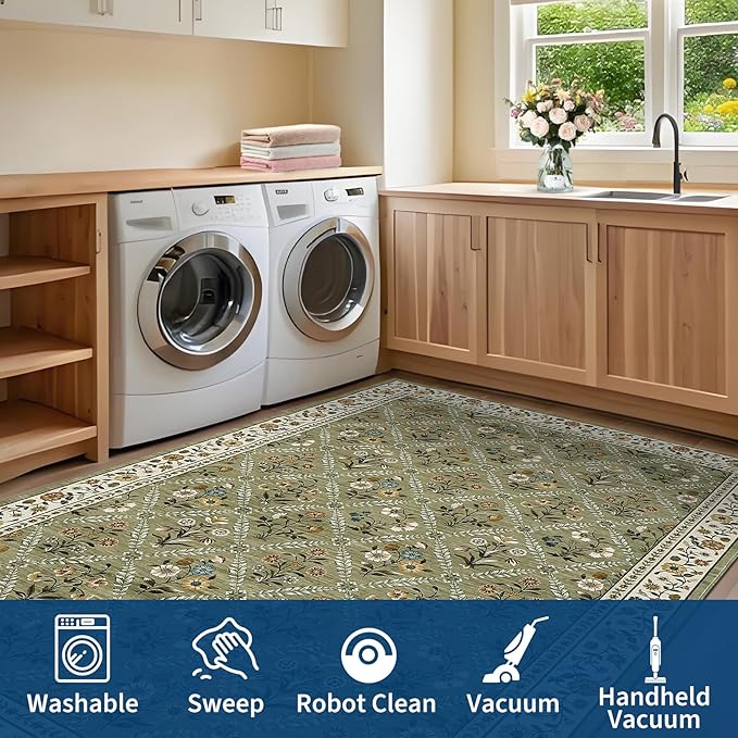 GarveeHome Washable Kitchen Runner 2x6 Non-Slip Floral Carpet Runner for Entryway Indoor Ultra Soft Stain Resistant Long Rugs Farmhouse Floor Mat for Hallways Laundry Bedroom Green