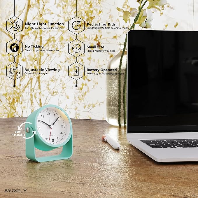 AYRELY® 3.5 Inch Small Analog Alarm Clocks,Battery Operated Desk Clock,Cute Table Clock with Light，Adjustable Angle for Travel,Bedside,Bedroom,Kids,Living Room Decor(Light Blue)