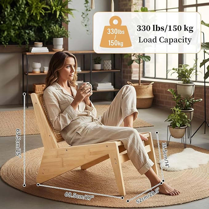 Furlide Rattan Accent Chair for Living Room, Mid Century Side Chair, Comfy Bamboo Chairs for Bedroom Reading Room, Wood