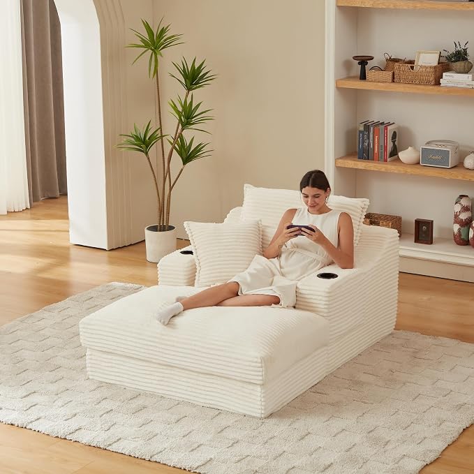 67" Oversized Chaise Lounge Chair Indoor, Corduroy Boneless Chaise Lounge with Cup Holders, 2 Side Pockets & 3 Soft Pillows, Deep Seat Sleeper Couch Reading Chair for Living Room Bedroom- Beige | Breathable material