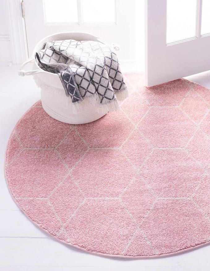 Unique Loom Trellis Frieze Collection Area Rug - Geometric (3' Round, Light Pink/ Ivory)