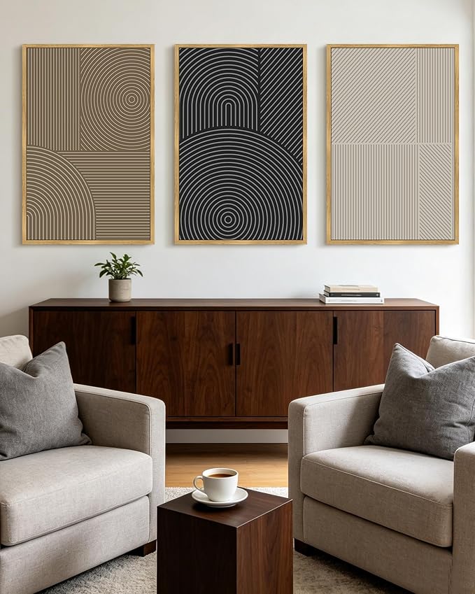 KUVIOKE Minimalist Abstract Boho Framed Wall Art Modern Mid-Century Bohemain Neutral Line Wall Decor Geometric Artwork Bedroom Decor 24x36in (Natural Framed)
