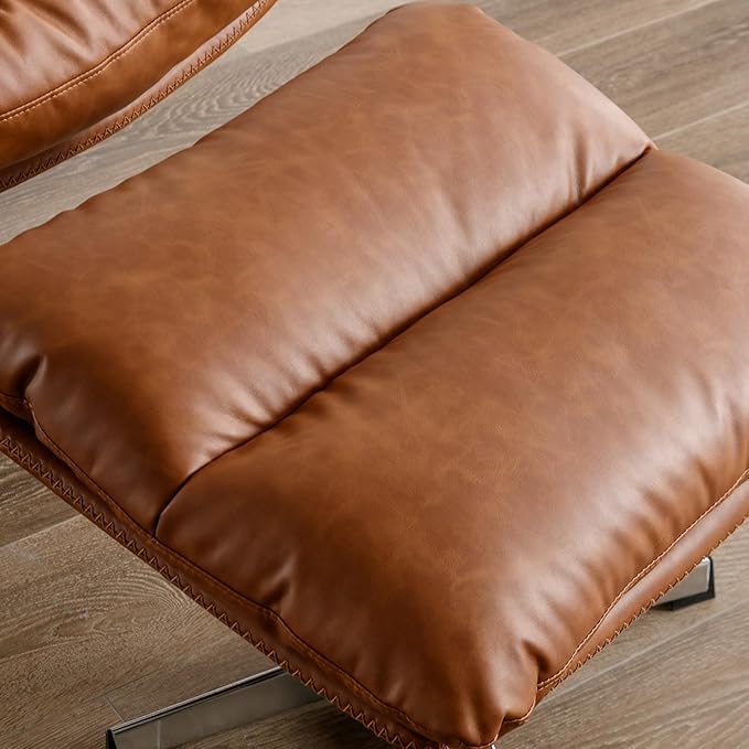Swivel Accent Chair with Ottoman, Mid Century Modern Faux Leather Lounge Chair with footrest, Comfy Oversized Armchair with 360 Degree Metal Base for Living Room/Bedroom, Brown
