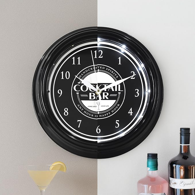 American Art Decor Cocktail Bar LED Modern Wall Clock - 12" for Home, Happy Hour Bar Decor, Living Room, Office, Game Room, Mancave, Garage (Black/White)