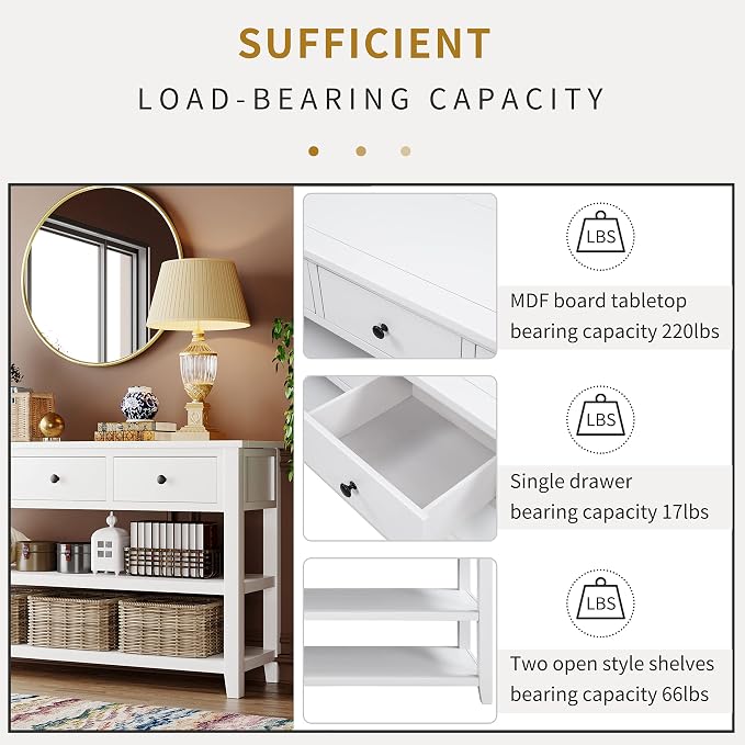 LUMISOL Long Console Table with 3 Storage Drawers, Solid Wood Sofa Table with Storage & Open Shelves, Retro Entryway Tables for Hallway Living Room, 50''L x 16''W x 30.2''H (Antique White)