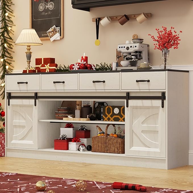 70” Large Buffet Sideboard Cabinet w/4 Drawer,Farmhouse Coffee Bar Cabinet Buffet with Storage,Sliding Door,Long Kitchen Buffet Table,Kitchen Sideboard Cabinet,Credenza for Dining Room,Off White