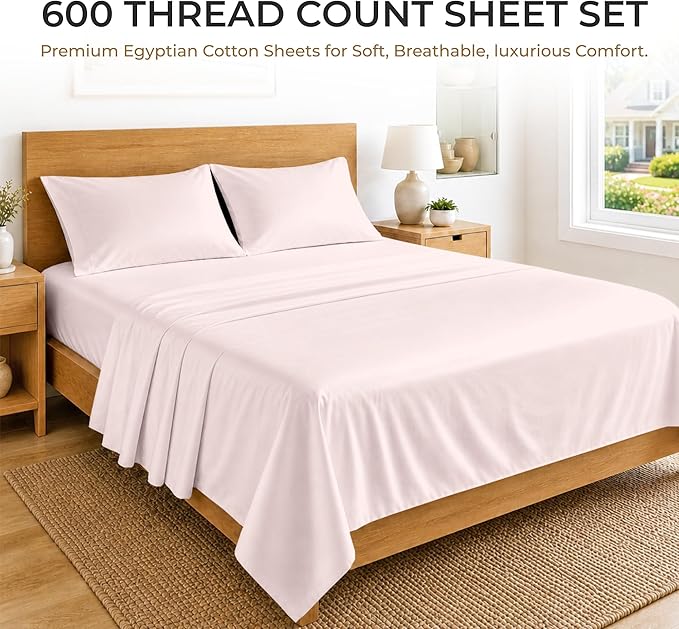 SGI bedding 100% Egyptian Cotton Sheets California King Size – 600 Thread Count Sheets Set, Soft, Cooling, 15" Deep Pocket, Luxury Hotel Bedding, Breathable, Durable - Blush