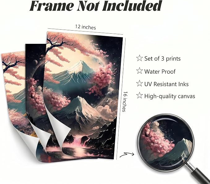 3Pcs Japanese Canvas Wall Art Cherry Blossom Lake Landscape Posters Prints Japan Mount Fuji Wall Decor Pictures for Living Room Bedroom Home Decoration Unframed