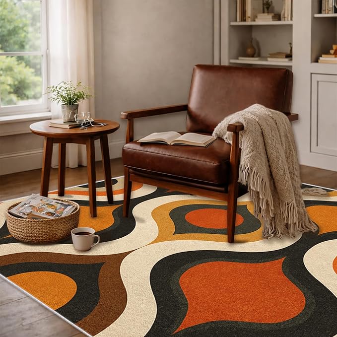 Retro Wave Area Rug 5x7, Mid-Century Modern Geometric Rug, Orange Brown Abstract Carpet for Living Room Bedroom, Soft Non-Slip Washable Rug
